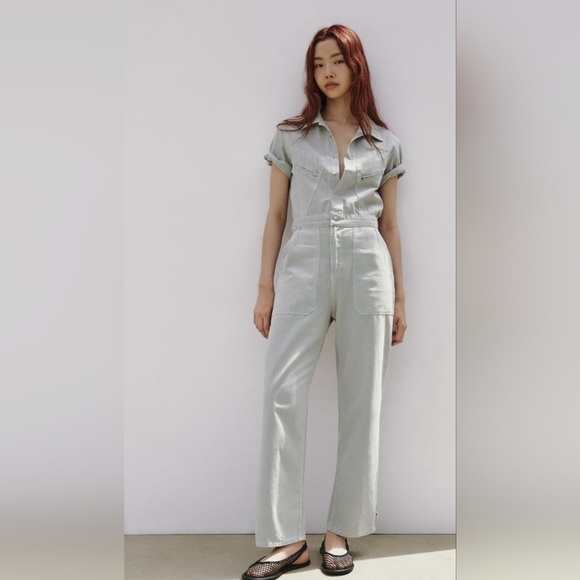 Zara Blue Grey Short Sleeve Boilersuit sz Small - Picture 1 of 6